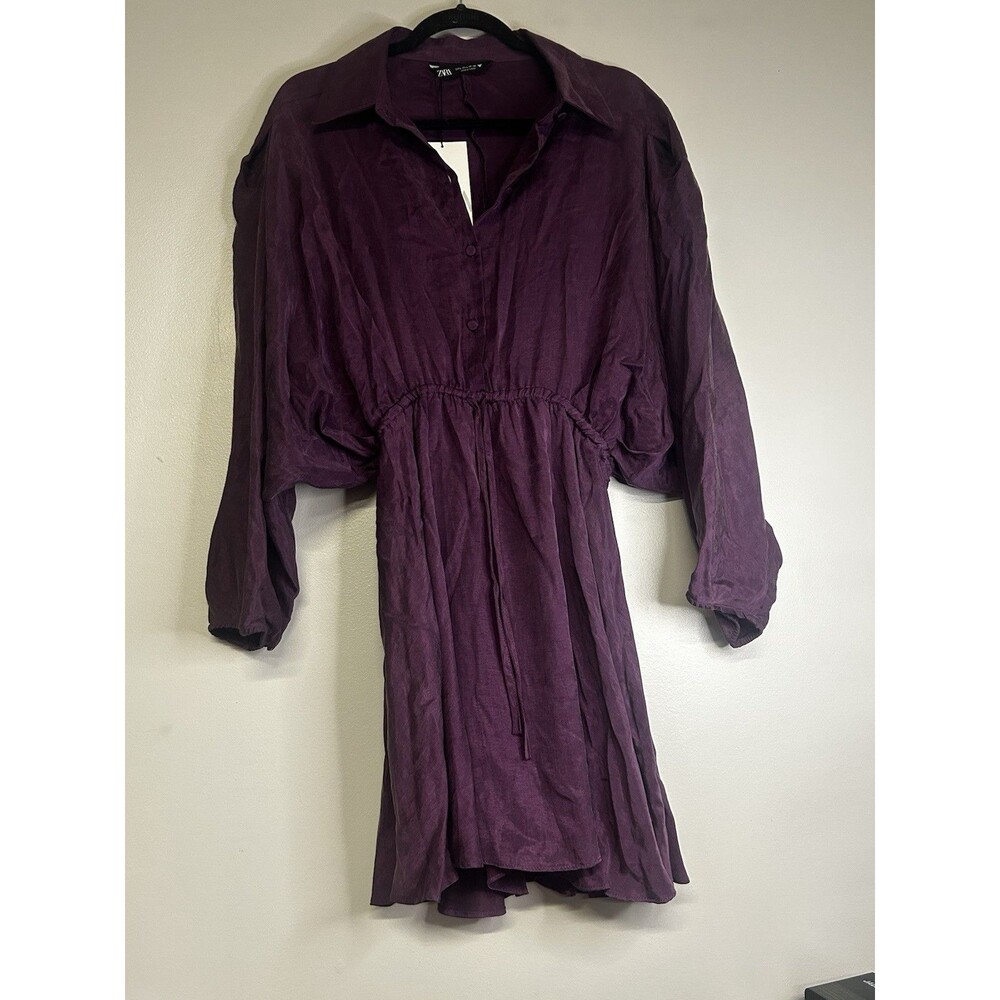 Zara Cinched Flowy Balloon Sleeve Mini Shirt Dress plum long sleeves Size L NWT